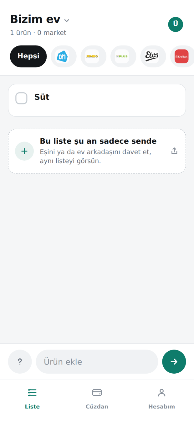 vink'te paylaşılan bir alışveriş listesi